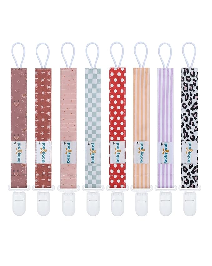 babygoal Stripe Pacifier Clips, 8 Pack Binky Paci Holder Clips Fits for Most Pacifiers and Binkies 8PS50-B