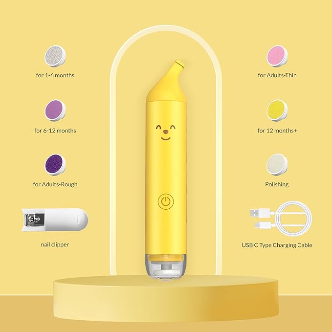 Baby Nail File Electric, Gentle Baby Nail Trimmer Electric, Baby Nail Clipper with Night Light, 6 Grinding Head Replacement Pads, USB C Rechargable, Yellow