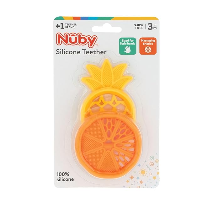 Nuby Soft Silicone Gum Massaging Baby Teether Toy - (2 Pack) Baby Teething Relief Toys for 3+ Months - Pineapple and Orange