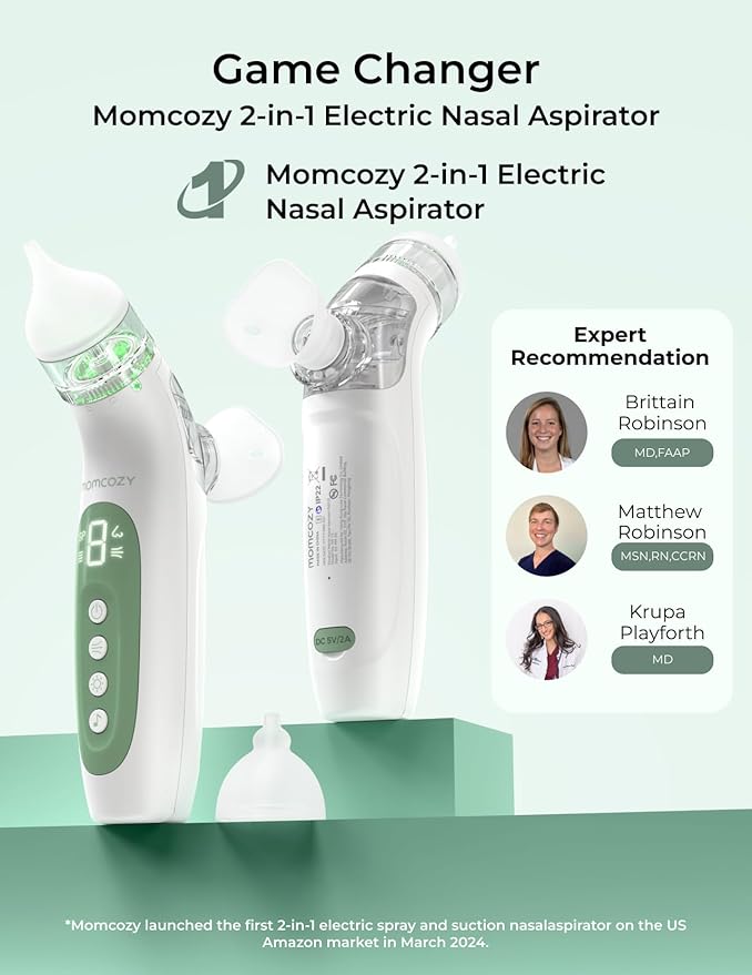 Momcozy BreezyClear™ 2-in-1 Electric Nasal Aspirator for Baby with Spray, 65kPa Hospital-Grade Suction, 4 Adjustable Levels, Quiet & Portable Nose Cleaner with Soothing Light & Music