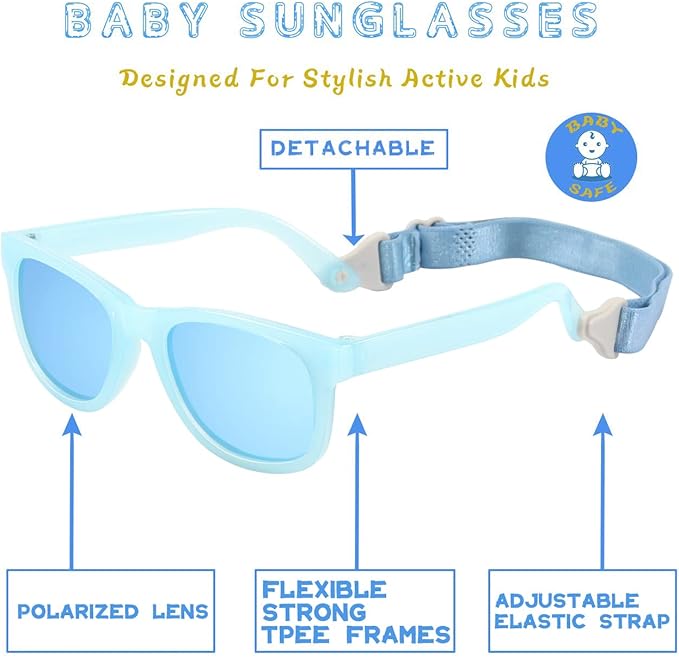 MAXJULI Baby Infant Sunglasses Safe, Soft, With Adjustable Strap 0-24 Months BPA Free 7002