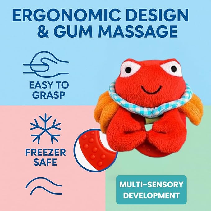 Wristy Buddy Teething Ring for Babies 0-6 8 10 12 Months | Cute Soft Crab Teething Toys & Gloves | Baby Teething Relief Toy Pack | Infant Chew Toys for 3-6 Months, 1 2 3 Years