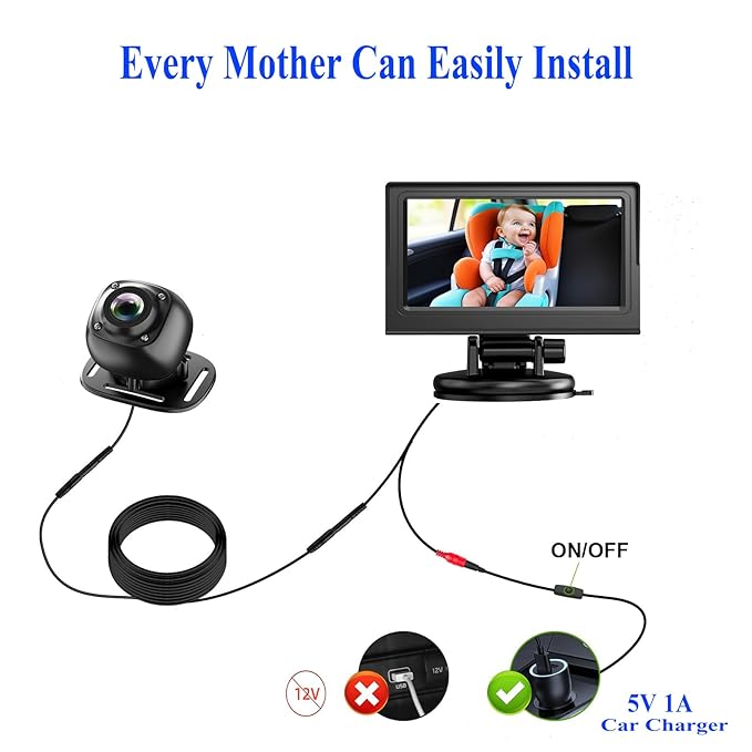 USB Baby Car Camera Plug-Play，4.3" HD Night Vision Function Car Mirror Display，360 Rotation Rear Facing Baby Monitor with Camera Night Vision，Wide Clear View，Easily Observe The Baby's Move，Dark Black