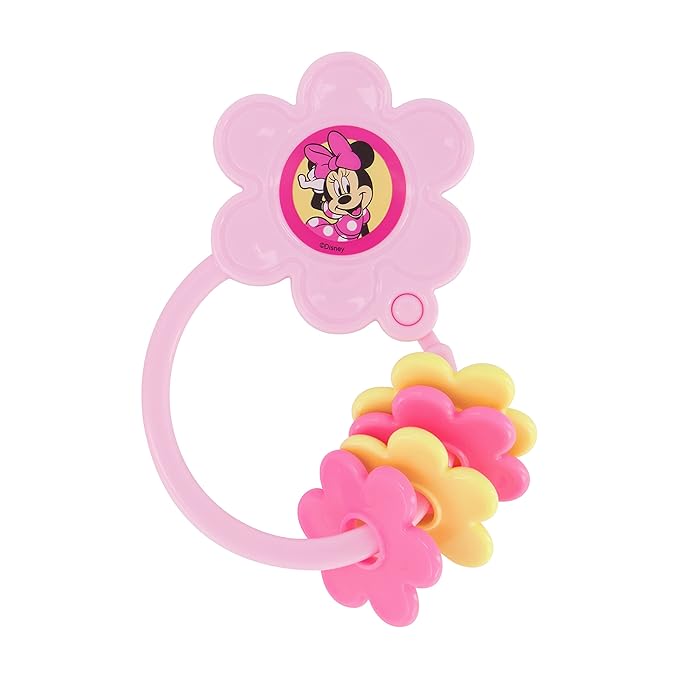 2 Pack Disney Minnie Mouse Character Shape Rattle and Keyring Teether, Premium Toddler Birthday Toys, Infant Teething Toys, Great for Newborn Shower Gifts