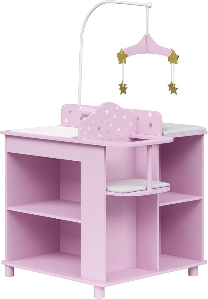 Olivia's Little World Baby Doll Changing Station with Built-in Baby Doll High Chair, Closet, Shelves, Sink, Overhead Mobile, & Baby Doll Clothing Hangers for up to 18 Inch Dolls, Purple Stars