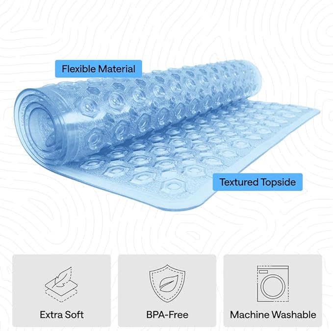 GORILLA GRIP Patented Bath Tub Shower Mat, Machine Washable Bathtub Floor Liner Mats, Suction Cups and Drain Holes to Keep Tubs Clean, Soft on Feet, Bathroom Essentials, 35x16 Inch, Clear Blue