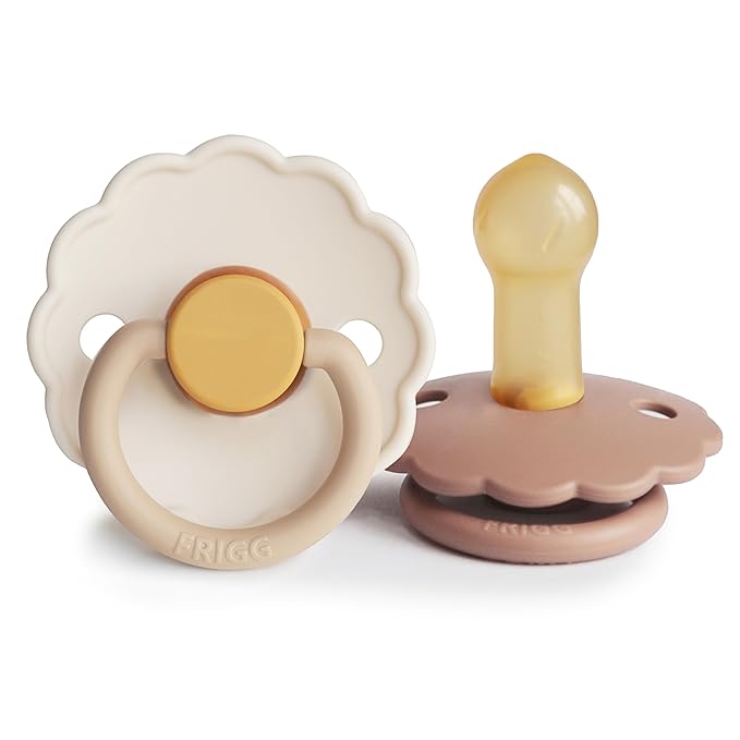 FRIGG Daisy Natural Rubber Baby Pacifier | Made in Denmark | BPA-Free (Chamomile/Peach Bronze, 6-18 Months) 2-Pack
