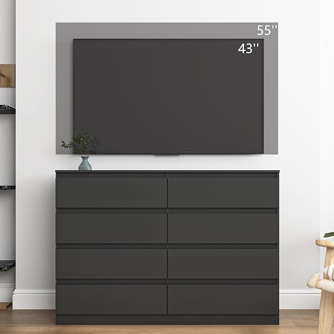 Black 8 Drawer Dresser for Bedroom,Modern Large Dresser with Deep Drawer,Wide Storage Chest of Drawer, Bedroom Storage Furniture Drawers for Living Room