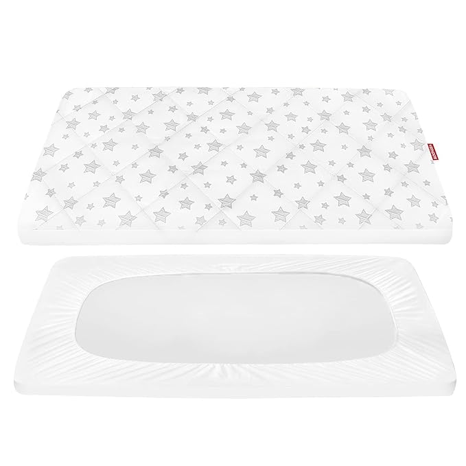 Pack and Play Sheet Quilted, Breathable Thick Playpen Lovely Print Cover 39"×27"×5" Compatible with Graco Portable Mini Cribs, Suitable for Yards and Foldable Mattress Pack and Play Pad, White Star