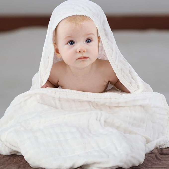 Peryiter 4 Pcs Muslin Hooded Baby Towels 32x32inch Cotton Newborn Bath Essentials Muslin Infant Blankets Absorbent Registry Baby Shower Present for Babies Girl Boy Kids (White,Coffee,Blue)