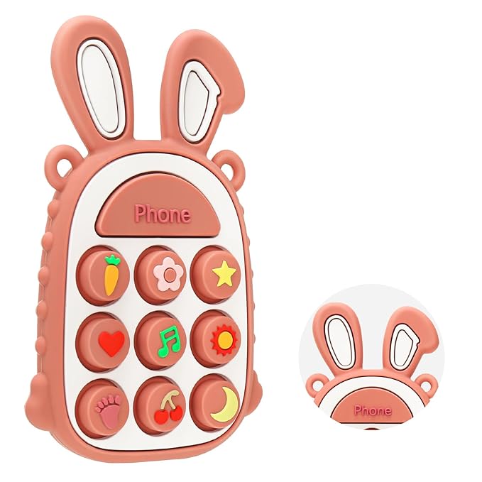 Teething Toys for Babies, BPA-Free Silicone Teether Toy for Infants, Cute Rabbit Phone Design with Easy-Grip Ears, Soothing Gums and Push Pop for Boy and Girl
