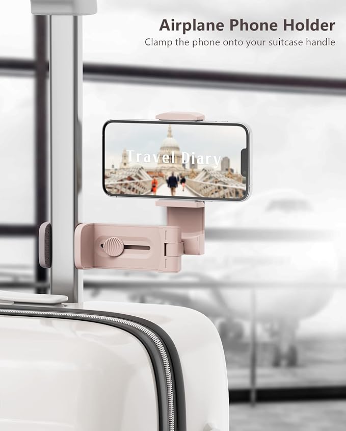 MiiKARE Travel Essentials Airplane Phone Holder, Universal Handsfree Phone Mount for Flying with 360 Degree Rotation, Travel Must Haves Phone Stand for Desk, Tray Table, Black&Pink