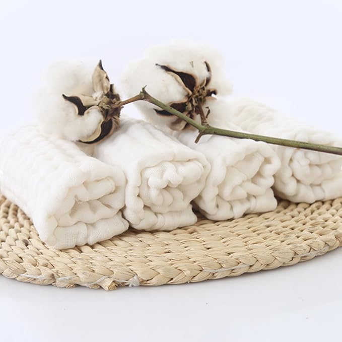 MUKIN Baby Muslin Washcloths, Natural Cotton, Soft Newborn Face Towel, 5 Pack, 12 x 12 inches (White)