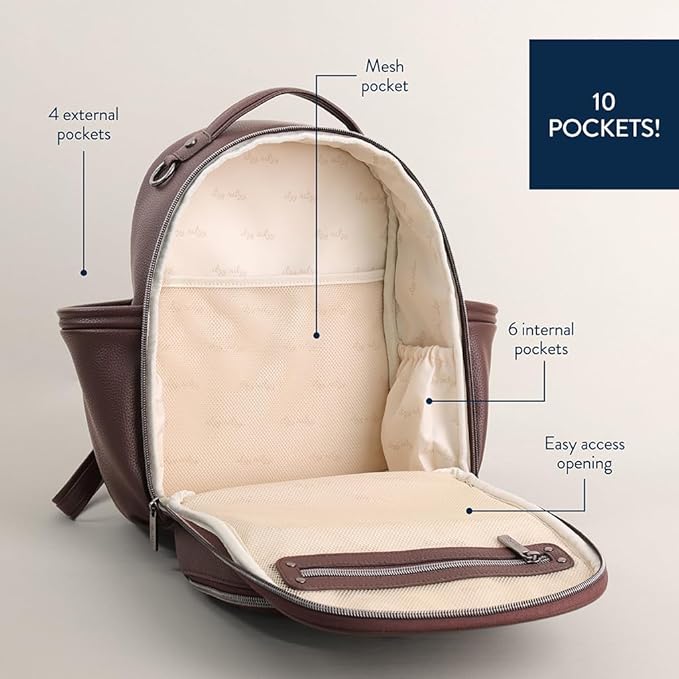 Itzy Ritzy Mini Diaper Bag Backpack – Chic, Compact Mini Plus Backpack with Changing Pad, 10 Pockets (6 Internal, 4 External), Grab-Top Handle & Rubber Feet (Espresso)