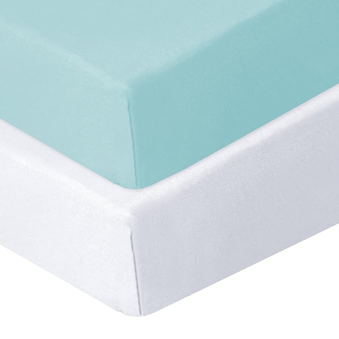 Biloban Pack and Play Sheets Fitted, 2 Pack Pack and Play Sheet Fits for Graco Pack n Play Mattress, Neutral Playard Sheets for Baby Boys and Girl, White & Aqua
