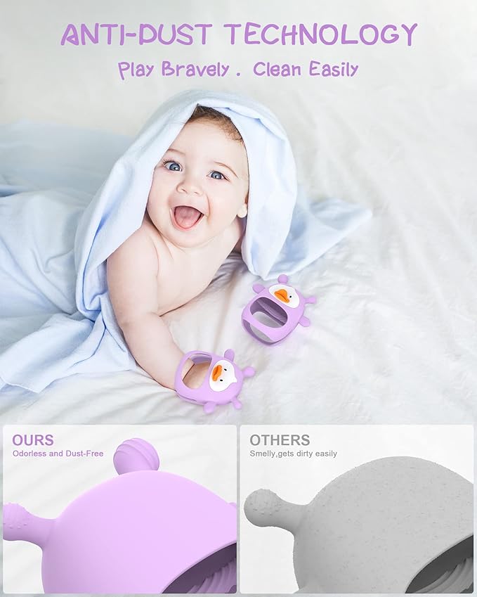 Never Drop Silicone Baby Teether, Hand Pacifier for Sucking Babies 0-6 Months, Soothing Pain Relief, Best Chew Toy, Teething Mitten for New Born - Purple