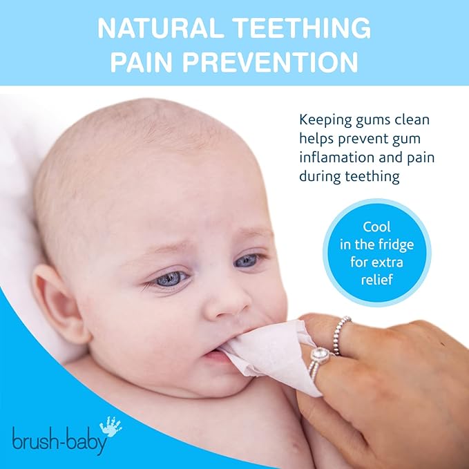 Brush Baby Teething Relief Dental Wipes for Ages 0-Toddler - Naturally Eliminate Teething Pain, Prevent Tooth Decay and Sour Milk Breath - 28 Finger Wipes (2-Pack)