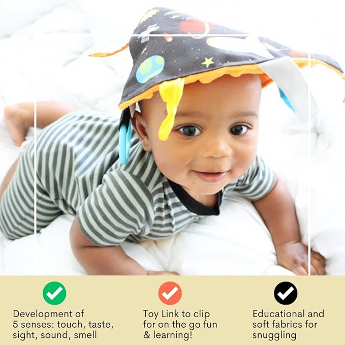Baby Jack & Co 8x8” Outer Space Lovey Tag Toys for Babies - Crinkle Toys - Travel Self Sooth - Soft & Safe - Learn Shapes, Colors, Planets - BPA Free w/Stroller Clip