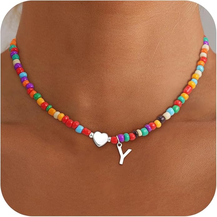 Valentines Day Gifts for Kids Women Girls - Colorful Beaded Initial Necklace Teen Girls Trendy Stuff Dainty Letter Choker Necklace Valentines Day Gifts for Her Mom Wife Jewelry