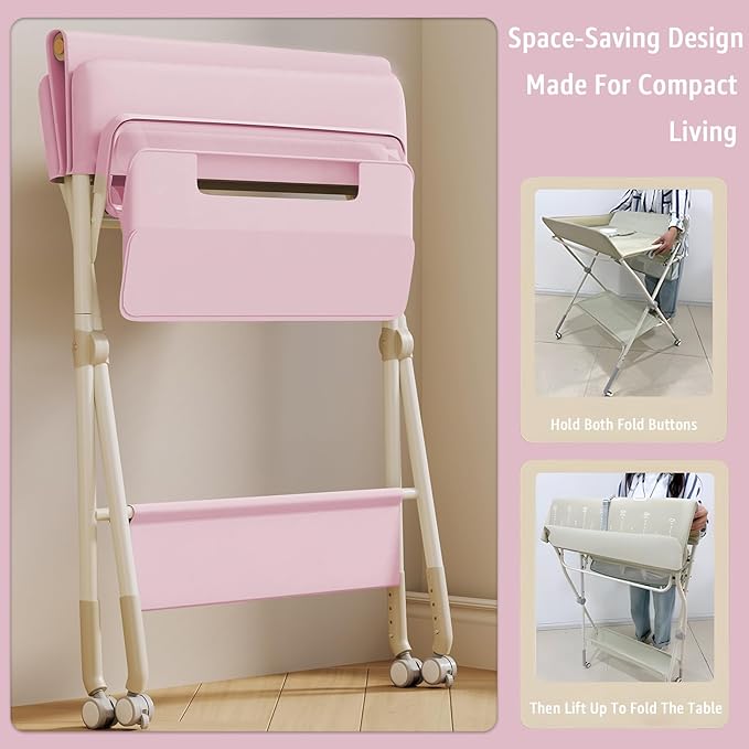 Changing Table, Portable Baby Changing Table with Wheels, Upgraded Foldable Diaper Changing Station with 5-Level Adjustable Height & Large Nursery Organizer Storage for Newborn Infant (Pink)