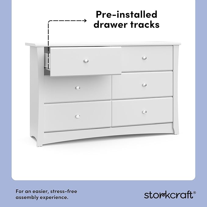 Storkcraft Crescent 6-Drawer Dresser (White) – GREENGUARD Gold Certified, White Dresser for Bedroom, Kids & Nursery Storage Chest, Safety Interlocking Drawers, Pre-Installed Tracks, Kids Chest