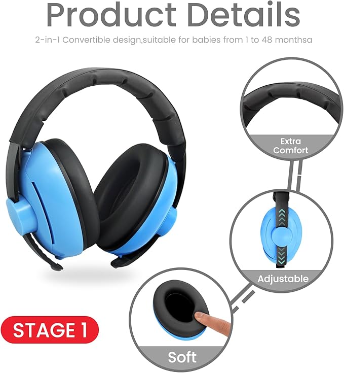 2-in-1 Adjustable Baby & Toddler Noise Cancelling Headphones - Ear Muffs for Kids 1-3 for Airplane Travel
