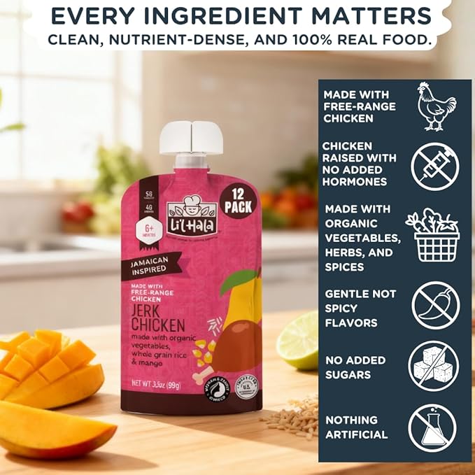 Li'l Hala Foods - Baby Meat Pouches - Toddler Meals with Meat – Protein & Healthy Fats Puree – No Hormones – 6+ Months – 3.5 oz (12 Pack) (Jerk Chicken)