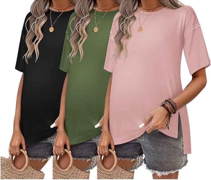 Ekouaer Maternity Shirts 3 Packs Short Sleeve Womens Oversized Pregnancy Tops Split Side Postpartum Blouse Clothes S-XXL
