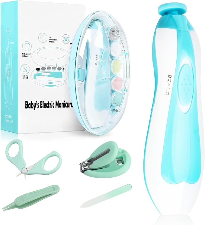 Baby Electric Nail File, 8 in 1 Safe Baby Nail Trimmer, Baby Nail Clippers with 6 Grinding Heads and Light, Baby Nail Care Kit for All Ages