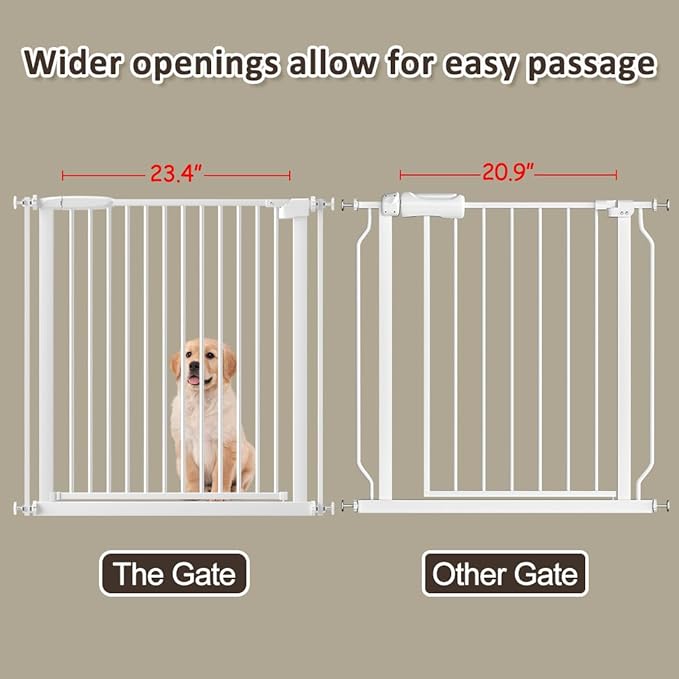 WAOWAO 1.37" Ultra Narrow Spacing Extra Wide Dog Pet Gate 69.48-77.36" Pressure Mounted Walk Through Double Lock Swing Auto Close Safety White Metal Toddler Baby Puppy Pet for Indoor,Doorway,Kitchen