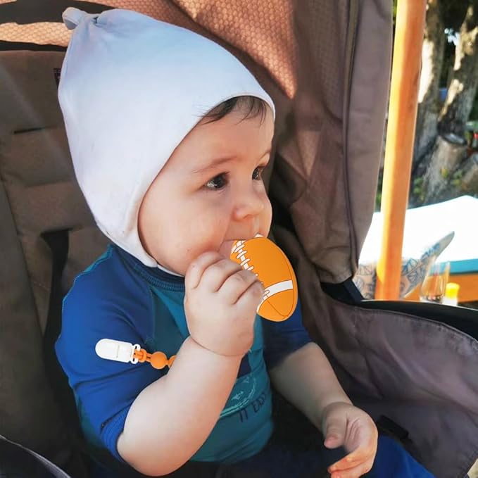 Baby Sports Ball Teething Toys,Food Grade Silicone Teether with One-piece Pacifier Clip Holder,Shower Gift,Teething Pain Relief for 3 Months+ Boy and Girl,BPA Free,Freezer Safe. (American Football)