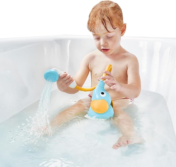 Yookidoo Baby Bath Shower Head – Elephant Water Pump with Trunk Spout Sprayer & Rinser, Dual Knob Flow Control, Bath Time Essential for Newborns, Tub or Sink (Blue & Orange)