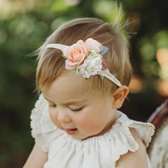 cherrboll 4pcs Baby Girl Headbands Flowers, Super Soft & Stretchy Nylon Floral Hairbands for Newborn Toddler