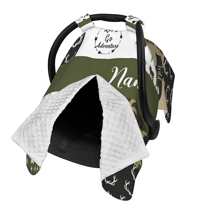 Personalized Deer Bear Baby Car Seat Canopy for Babies with Name, Custom Woodland Army Green Car Seat Covers for Boys, Opening Minky Nursing Breastfeeding Cover Infant Carseat Canopies for Newborn