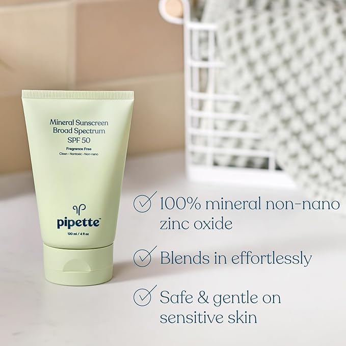 Pipette Mineral Sunscreen - SPF 50 Broad Spectrum Baby Sunblock with Non-Nano Zinc, UVB/UVA Non-Toxic Sun Protection for Kids & Sensitive Skin, 4fl oz (3 pack)