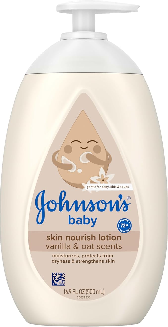 Johnson's Skin Nourishing Baby Lotion, Vanilla & Oat Scents, Hypoallergenic Baby Body Lotion for 72 Hour Hydration Until Baby's Next Bath Moisturizes & Protects from Dryness, 16.9 fl. oz