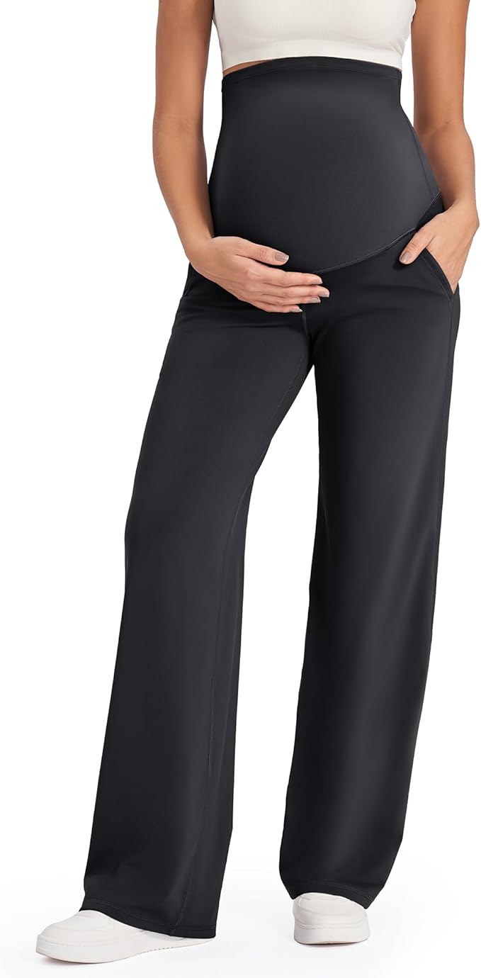 G4Free Maternity Pants Over The Belly Yoga Dress Work Pregnancy Pants Stretchy Lounge Wide Leg Trousers with Pockets