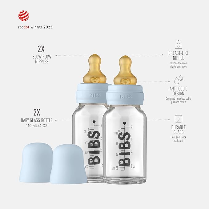 Bibs Baby Glass Bottle | Newborn Anti-Colic Baby Bottles | Borosilicate Glass with a Natural Vented Round Natural Rubber Latex Nipple | Consistent Flow Rate | 3.7 oz/110 ml | 2 Pack | Baby Blue