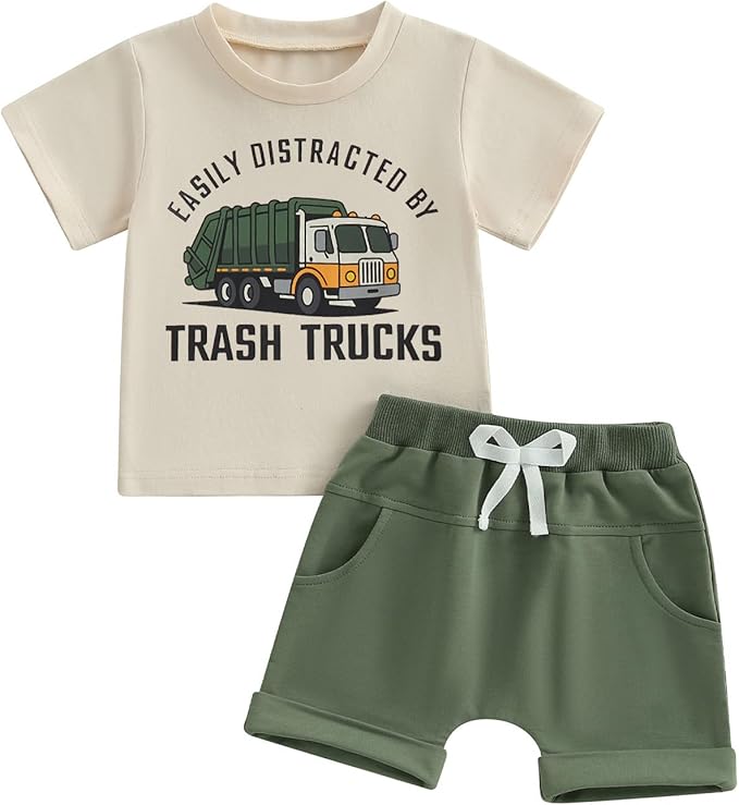 WZTYYDS Toddler Baby Boy Summer Clothes 2T 3T 4T 5T Boys Outfit Letter Truck Short Sleeve T-Shirt Tops + Shorts Set