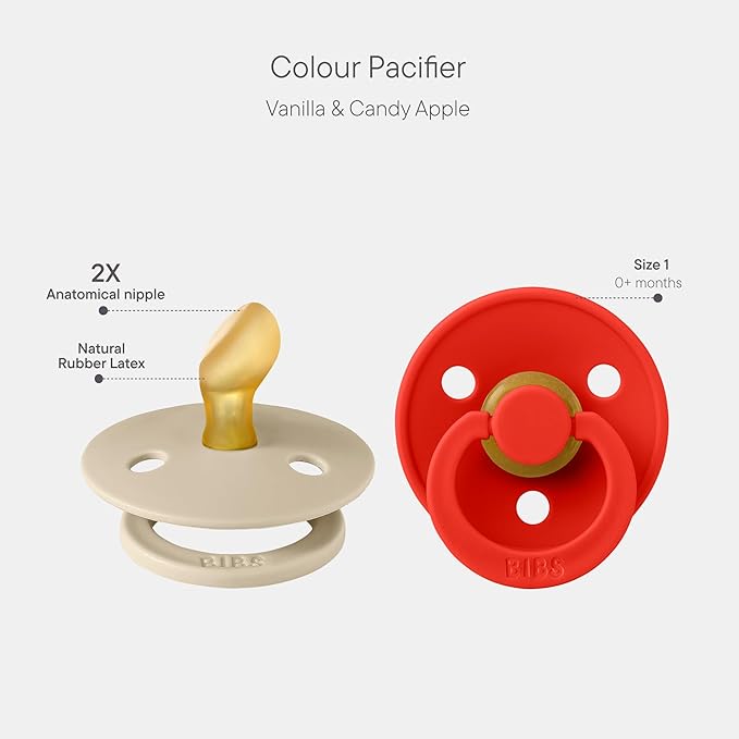 BIBS Colour Anatomical Soother 2-Pack, BPA Free Dummy Pacifier, Orthodontic Nipple. Natural Rubber Latex, Made in Denmark, Size 1 (0-6 Months), Vanilla/Candy Apple
