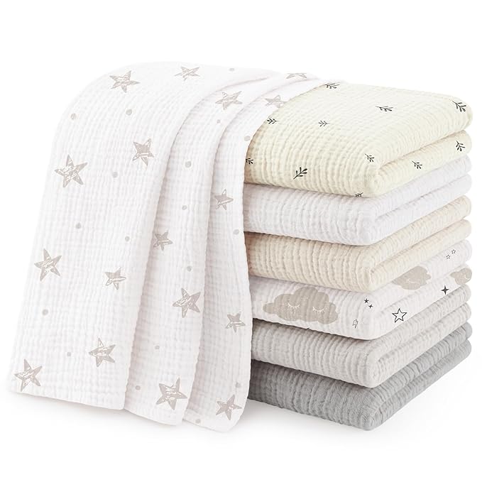 Susurration Muslin Burp Cloths 24x24 Inches Ultra Soft 100% Cotton, 4 or 7 Pack Baby Washcloths for Newborn, Absorbent Burp Rags & Swaddle Blankets