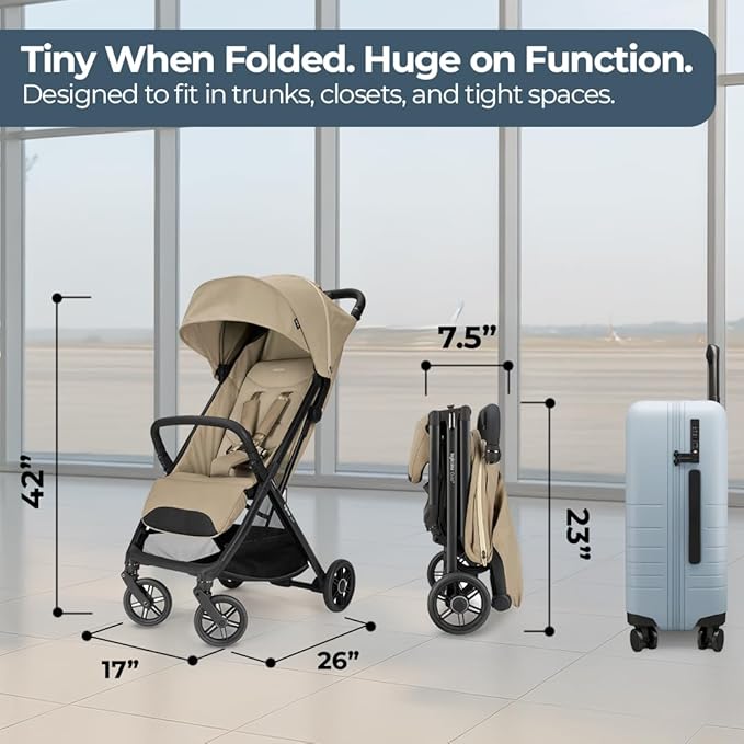Inglesina Quid³ Stroller, Lunar Beige - Compact Reclining Travel Stroller for Baby & Toddler 0-55 lbs, One Hand fold, Airplane Overhead, Lightweight, Foldable, XL UPF 50+ Canopy