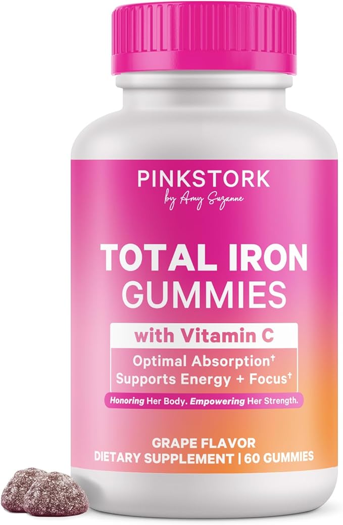 Pink Stork Prenatal Iron Supplement Gummies for Women - 20 mg with Vitamin C - Grape Chewable for Deficiency, Energy, & Blood Builder - 60 Gummy Chews