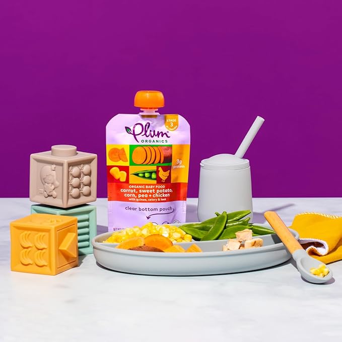 Plum Organics Stage 3 Organic Baby Food - Carrot, Spinach, Turkey, Corn, Apple, and Oat - 4 oz Pouch (Pack of 12) - Organic Baby Food Pouch