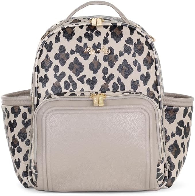 Itzy Ritzy Mini Diaper Bag Backpack – Chic, Compact Mini Plus Backpack with Changing Pad, 10 Pockets (6 Internal, 4 External), Grab-Top Handle & Rubber Feet (Leopard)