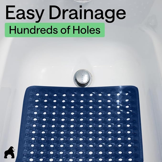 GORILLA GRIP Patented Bath Tub Shower Mat, Machine Washable Bathtub Floor Liner Mats, Suction Cups and Drain Holes to Keep Tubs Clean, Soft on Feet, Bathroom Essentials, 35x16 Inch, Clear Navy