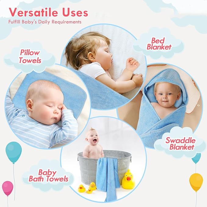 Orighty Baby Hooded Towel with Five Washcloths, 28 x 28 Inch Super Soft Bath Towel with Hood for Babies, Infant, Newborn Essential - Ideal Baby Stuff Registry for Boys and Girls (Blue) (Pack of 2)