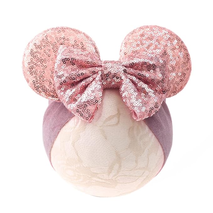 JIAHANG Baby Girl Mouse Ears Turban Headwrap with Gold Sequin Bows, Wide Velvet Hairband for Newborn, Toddler, and Kids - Party Supplies