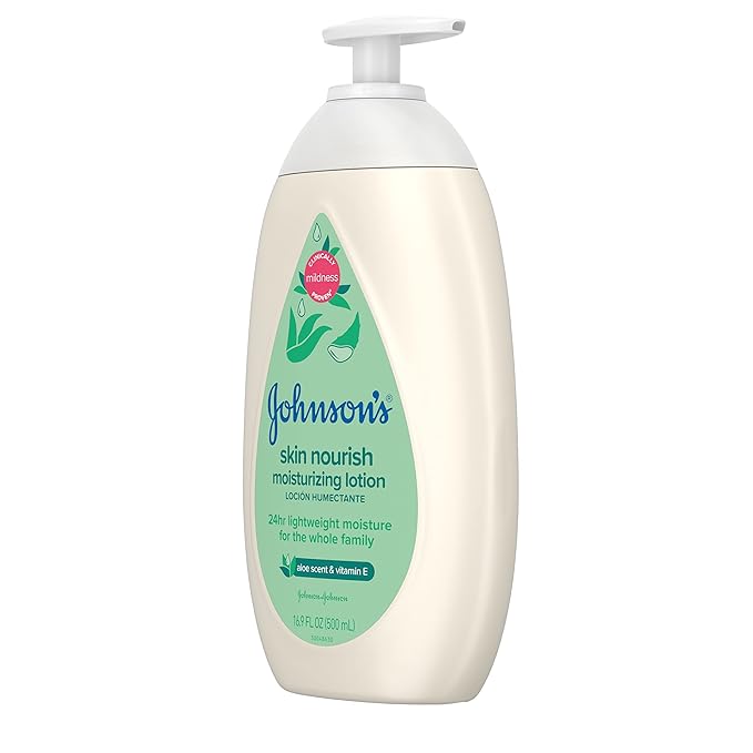 Johnson's Skin Nourish Moisturizing Baby Lotion with Aloe Vera Scent & Vitamin E, Gentle & Lightweight Body Lotion for The Whole Family, Hypoallergenic, Dye-Free, 16.9 fl. oz (Pack of 2)