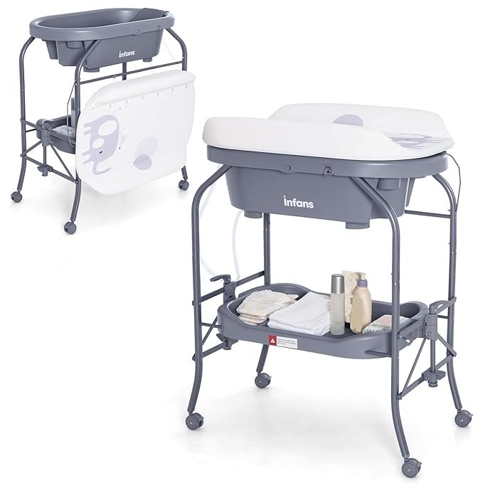 INFANS 2 in 1 Baby Changing Table with Bath Tub Unit, Folding Diaper Dresser Station with Wheels Waterproof Pad Storage Rack, Portable Nursery Organizer Stand for Newborn Infant